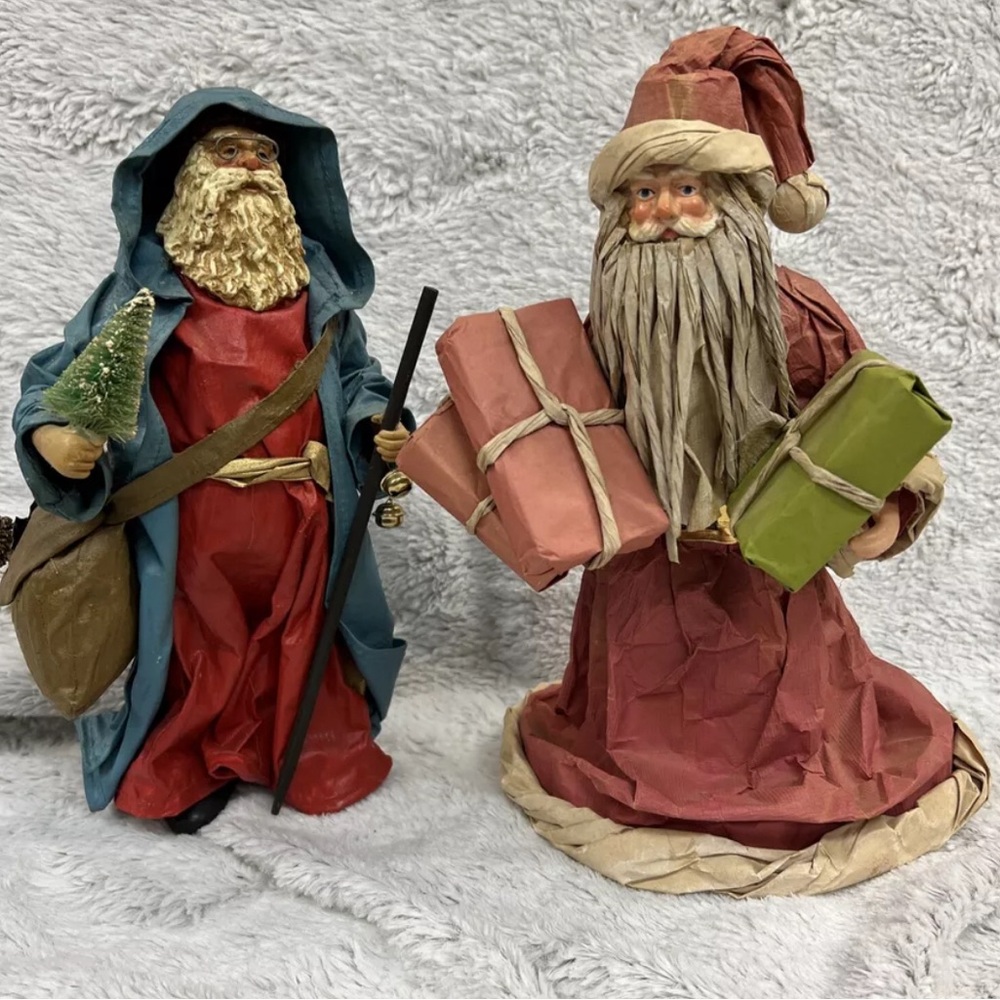 Vtg Clothtique by Possible Dreams Santa in Blue Hooded Robe w/ Paper Mache Santa